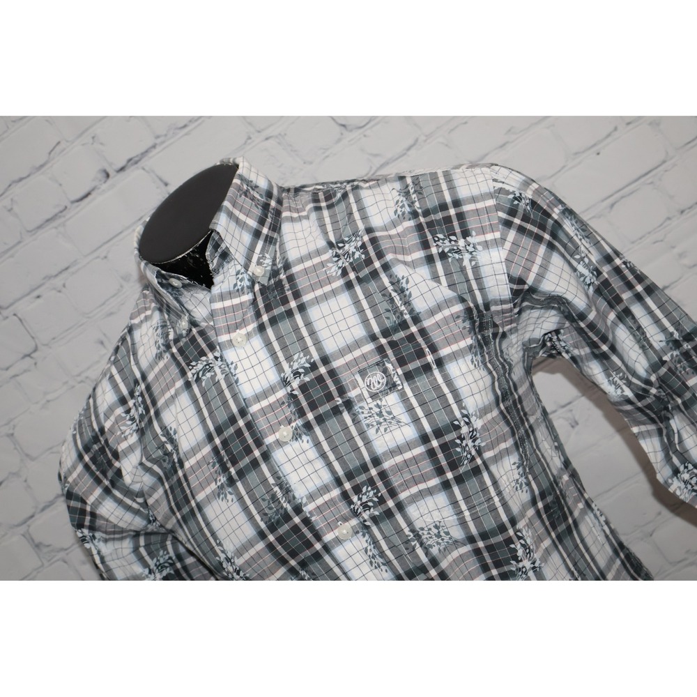 Wrangler Western Shirt Mens Medium Gray Blue Plaid Floral Long Sleeve Cowboy